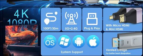جهاز إرسال واستقبال HDMI لاسلكي 4K، 2.4G/5G التوصيل والتشغيل طقم موسع HDMI لاسلكي محمول لبث الفيديو والصوت للشاشة من الكمبيوتر المحمول/الكمبيوتر الشخصي/صندوق التلفزيون/جهاز العرض in Saudi Arabia