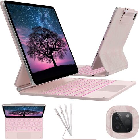 حافظة لوحة المفاتيح لجهاز iPad Air 13(M3 2025 / M2 2024) وiPad Pro 12.9(الجيل السادس/الخامس//الرابع/الثالث، لوحة مفاتيح سحرية مع إضاءة خلفية 11 لونًا، لوحة تتبع مدمجة، صف الوظائف، حامل أقلام، وردي ملكي فاتح) in Kuwait
