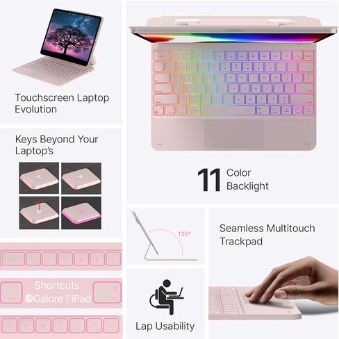 حافظة لوحة المفاتيح لجهاز iPad Air 13(M3 2025 / M2 2024) وiPad Pro 12.9(الجيل السادس/الخامس//الرابع/الثالث، لوحة مفاتيح سحرية مع إضاءة خلفية 11 لونًا، لوحة تتبع مدمجة، صف الوظائف، حامل أقلام، وردي ملكي فاتح) in Kuwait