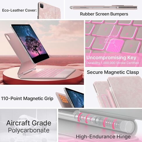 حافظة لوحة المفاتيح لجهاز iPad Air 13(M3 2025 / M2 2024) وiPad Pro 12.9(الجيل السادس/الخامس//الرابع/الثالث، لوحة مفاتيح سحرية مع إضاءة خلفية 11 لونًا، لوحة تتبع مدمجة، صف الوظائف، حامل أقلام، وردي ملكي فاتح) in Kuwait