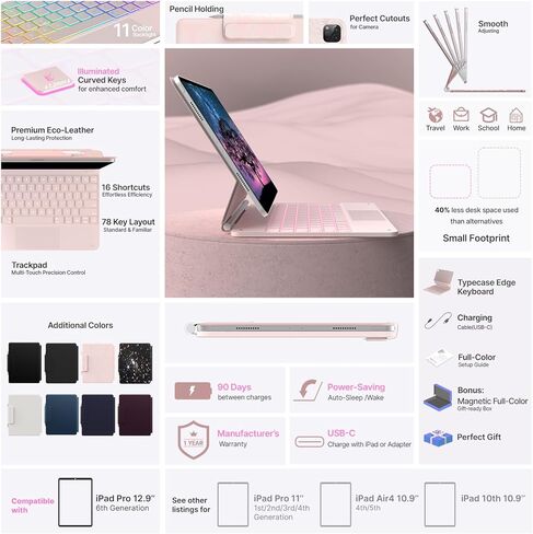 حافظة لوحة المفاتيح لجهاز iPad Air 13(M3 2025 / M2 2024) وiPad Pro 12.9(الجيل السادس/الخامس//الرابع/الثالث، لوحة مفاتيح سحرية مع إضاءة خلفية 11 لونًا، لوحة تتبع مدمجة، صف الوظائف، حامل أقلام، وردي ملكي فاتح) in Kuwait