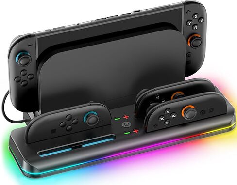 محطة شحن Switch 2/1 متوافقة مع وحدة تحكم Joycon 1/2، شاحن وحدة تحكم Switch 2، قاعدة شحن Joycon، ملحقات الألعاب مع 9 أوضاع إضاءة RGB للعبة sega Game Gear in Saudi Arabia