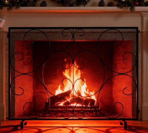 Kingson Single Panel Fireplace Screen Cover Handcrafted Solid Wrought Iron Mesh, Heat-Resistant Fire Spark Guard for Inside Fireplace-Black in Saudi Arabia