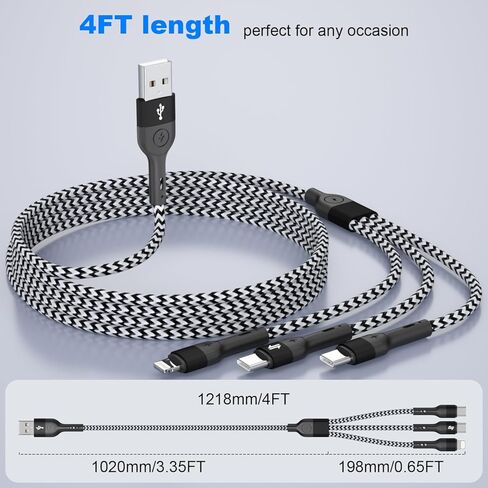 كابل شحن متعدد، كابل شحن 3 في 1 لأجهزة متعددة، شاحن عالمي مجدول من النايلون للسفر، كابل USB شاحن هاتف متعدد مع نوع C Lightning لهاتف iPhone17/16/15/14/13 (عبوتان 4FT) in Kuwait