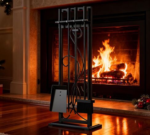 Kingson 5 Pieces 30.5" Fireplace Tools Set Wrought Iron Fireplace Accessories with Heavy Duty Decorative Stand-Black in Saudi Arabia