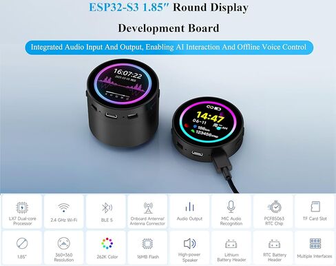 ESP32-S3 مع لوحة تطوير LCD مستديرة تعمل باللمس مقاس 1.85 بوصة، 360 × 360، تدعم Wi-Fi & BLE 5، خطاب AI، صندوق مكبر صوت ذكي، يدعم تفاعل الكلام AI والتحكم الصوتي دون اتصال بالإنترنت، مع مكبر صوت 8Ω 2W in Saudi Arabia