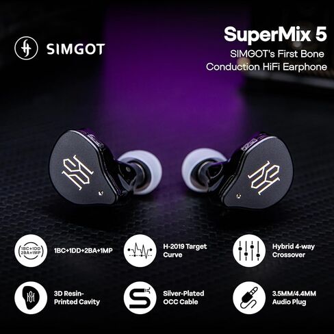 Linsoul SIMGOT SuperMix 5 1BC+1DD+2BA+1MP في شاشة الأذن، سماعة هاي فاي لتوصيل العظام، كابل OCC Litz مطلي بالفضة قابل للفصل، قابس 3.5 مم/4.4 مم، IEM لعشاق التكنولوجيا، موسيقي صوتي in Kuwait