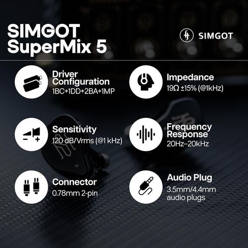 Linsoul SIMGOT SuperMix 5 1BC+1DD+2BA+1MP في شاشة الأذن، سماعة هاي فاي لتوصيل العظام، كابل OCC Litz مطلي بالفضة قابل للفصل، قابس 3.5 مم/4.4 مم، IEM لعشاق التكنولوجيا، موسيقي صوتي in Kuwait