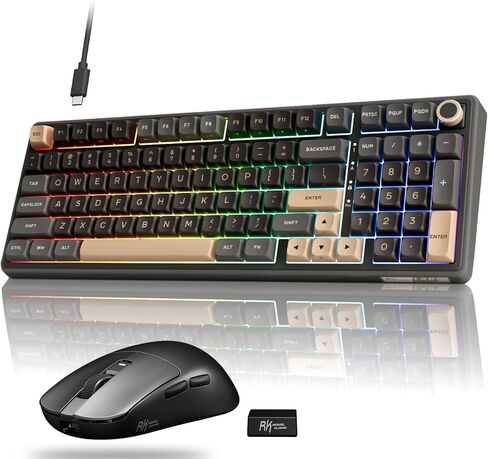 لوحة مفاتيح ميكانيكية سلكية RK ROYAL KLUDGE R98 Pro ومجموعة ماوس لاسلكية RK M3، لوحة مفاتيح ألعاب RGB قابلة للتبديل باللون الأسود، 47 جيجا ماوس ألعاب خفيف الوزن 42K DPI أسود in Kuwait