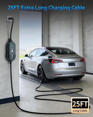 شاحن محمول بمستوى 1/2 EV لشاحن Tesla 16Amp، 240V 25ft كابل منزلي للسيارة الكهربائية EV، محول NEMA 6-20P إلى 5-15P، موصل NACS للهاتف المحمول متوافق مع جميع موديلات Tesla، مدرج في قائمة ETL in Kuwait