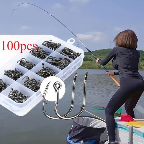 100pcs of Fishing Hooks for Freshwater and Saltwater Fishing Gear, Including Worm Soft Bait Clamps and Hooks Sizes 3# to 12#. in Saudi Arabia