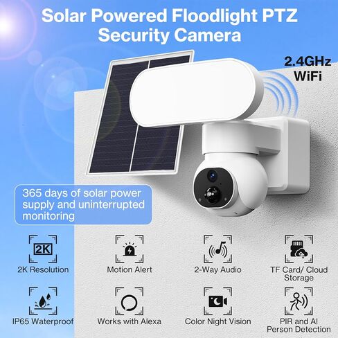 FancyDove Wireless Floodlight Camera, Outdoor Camera with Solar Panel for Home Security, Solar Camera Outdoor Wireless Flood Light Motion Sensor, 2K 360° PTZ View, 2000LM, Alexa, Waterproof, 64GB SD in Kuwait