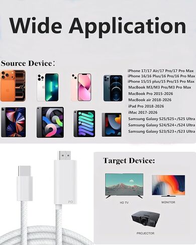 [معتمد من MFi] كابل USB C إلى HDMI 8K@60 هرتز مع منفذ شحن سريع 100 وات PD، سلك محول 6FT من النوع C إلى HDMI لهاتف iPhone 17/16/15، MacBook Pro/Air، iPad Pro إلى شاشة عرض التلفزيون in Kuwait