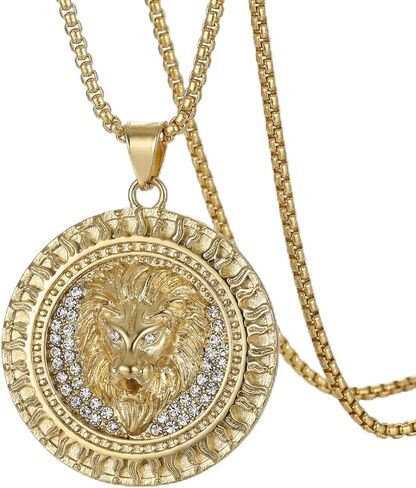 Mens Necklace Lion Head Pendant Necklace, Mens Stainless Steel Gothic 22 Inch Biker Link Chain Gold in Saudi Arabia
