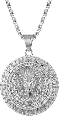 Mens Necklace Lion Head Pendant Necklace, Mens Stainless Steel Gothic 22 Inch Biker Link Chain Gold in Saudi Arabia