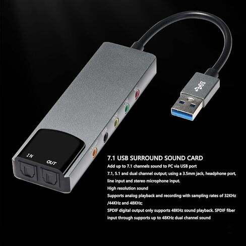 بطاقة الصوت المحيطي Goshyda 7.1 USB مع SPDIF بصري، بطاقة صوت خارجية عالية الدقة لأجهزة الكمبيوتر المحمول، محول صوت USB من سبائك الألومنيوم in Kuwait