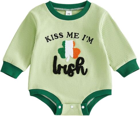 Muasaaluxi Newborn Baby Girl Boy St Patricks Day Outfit Long Sleeve Shamrock Romper Embroidery Waffle Bodysuit Shirts 0-18M in Saudi Arabia