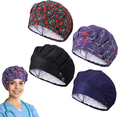 Zhengmy 4 PCS Cap Bouffant Scrub مع أزرار وعرق ساتان ساتان قابل للتعديل المبطنة للنساء الممرضة للنساء ممرضة in Saudi Arabia
