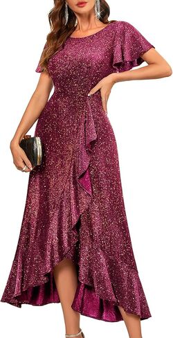 BeryLove Women Sequin Formal Party Dress Flutter Short Sleeve Wedding Cocktail Long Evening Dress in Saudi Arabia