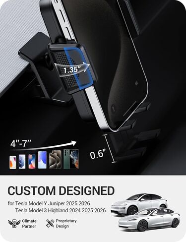 حامل هاتف BASENOR لعام 2025 2026 Tesla Model Y Juniper/Model 3 Highland، حامل هاتف لوحة القيادة لا يحجب الرؤية [بدون لاصق] [أذرع مزدوجة] [قابل للتعديل 360 درجة] ملحقات Tesla تناسب جميع الهواتف الذكية in Kuwait
