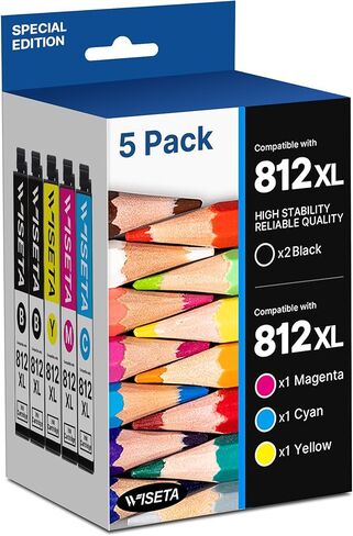 812XL خراطيش الحبر كومبو حزمة استبدال المعاد تصنيعها لإبسون 812XL لإبسون 812 T812 812XL خراطيش الحبر إبسون للاستخدام مع طابعة WF-7820 WF-7840 WF-7310 EC-C7000 (5 عبوات، 812XL) in Kuwait