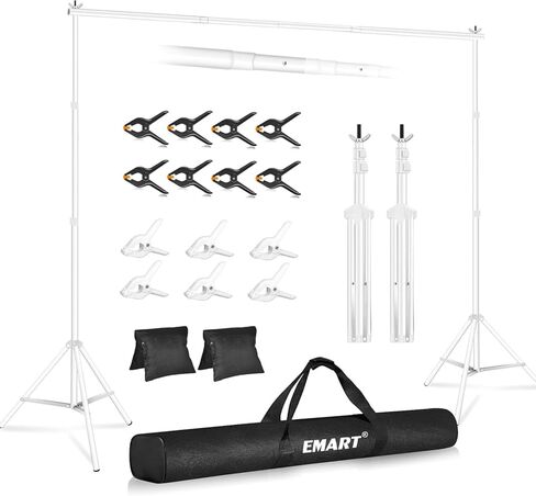 حامل خلفية EMART مقاس 10 × 8.5 قدم (عرض × ارتفاع) يدعم حامل خلفية قابل للتعديل في استوديو الصور مع شريطين متقاطعين ومشابك مقاس 6 × 6 بوصة و8 مشابك سوداء وأكياس رمل وحقيبة حمل لحفلات الزفاف والتصوير الفوتوغرافي - أبيض in Kuwait