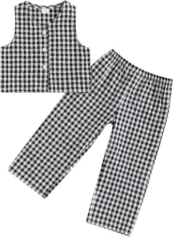 Qiylii 2PC Toddler Girls Plaids Casual Outfits Sleeveless Button-Down Vest Coat and Wide-leg Long Trousers Fall Pant Sets in Saudi Arabia