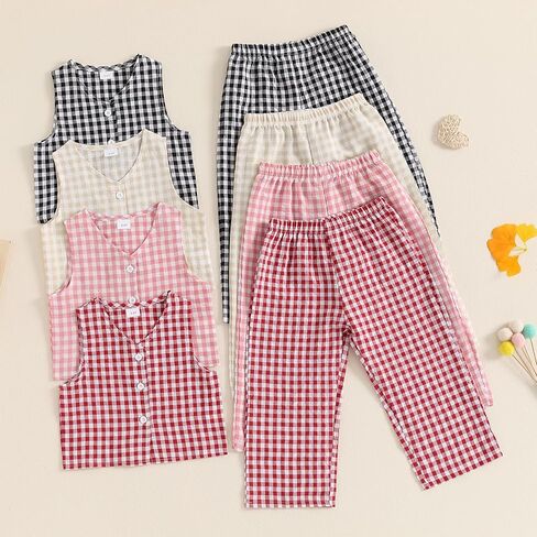 Qiylii 2PC Toddler Girls Plaids Casual Outfits Sleeveless Button-Down Vest Coat and Wide-leg Long Trousers Fall Pant Sets in Saudi Arabia