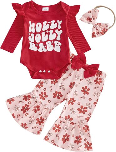 BeQeuewll My First Valentines Day Baby Girl Outfit Newborn Ruffle Romper+Flare Pants+Headband 3Pcs Infant Girl Heart Clothes in Saudi Arabia