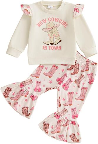 Toddler Western Outfit Girl New Cowgirl in Town Ruffle Sweatshirt Tops Flare Pants Country Cowgirl Fall Winter Clothes in Saudi Arabia
