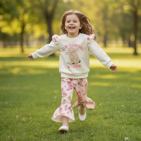 Toddler Western Outfit Girl New Cowgirl in Town Ruffle Sweatshirt Tops Flare Pants Country Cowgirl Fall Winter Clothes in Saudi Arabia
