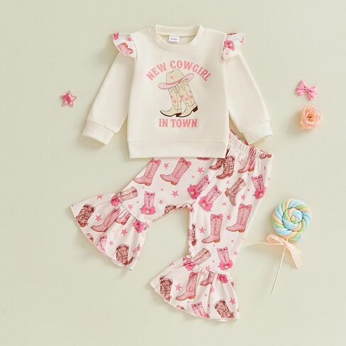 Toddler Western Outfit Girl New Cowgirl in Town Ruffle Sweatshirt Tops Flare Pants Country Cowgirl Fall Winter Clothes in Saudi Arabia