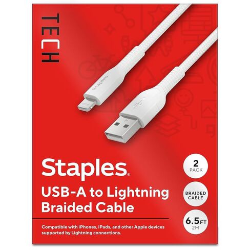 كابل شحن لايتنينج إلى USB-A من Staples TECH، بطول 6.6 قدم، أبيض، 2/عبوة (ST62319) in Kuwait
