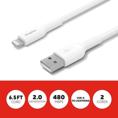 كابل شحن لايتنينج إلى USB-A من Staples TECH، بطول 6.6 قدم، أبيض، 2/عبوة (ST62319) in Kuwait