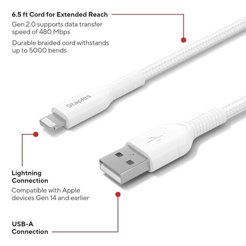 كابل شحن لايتنينج إلى USB-A من Staples TECH، بطول 6.6 قدم، أبيض، 2/عبوة (ST62319) in Kuwait