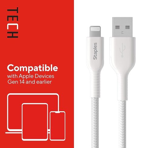 كابل شحن لايتنينج إلى USB-A من Staples TECH، بطول 6.6 قدم، أبيض، 2/عبوة (ST62319) in Kuwait