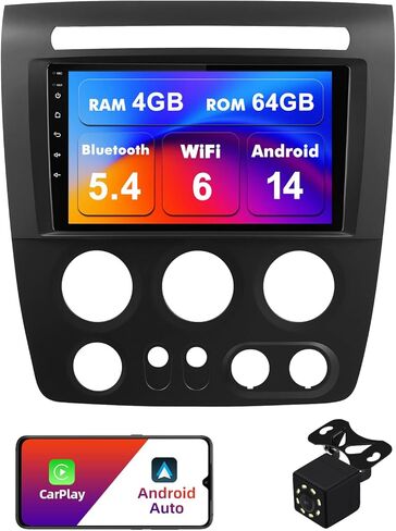 4+64G Android 14 Double Din راديو السيارة ستيريو لـ Hummer H3 2005-2010 مع شاشة لمس 9 بوصة راديو Carplay لاسلكي مدمج/Android Auto/GPS/Bluetooth/FM/AUX-in/SWC/كاميرا in Kuwait