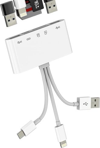 قارئ بطاقة SD لهاتف Iphone 17 16 15 14 Pro Max USB C Lightning محول (5 في 3) كاميرا رقمية Micro SD Memory Stick الملحقات محور مزدوج التوصيل دونجل TF فتحة لمحول شاحن Apple Macbook PC لأجهزة Ipad in Kuwait