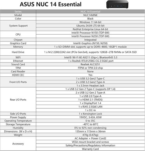 NUC 14 Essential NUC14MNK250 Mini PC - Intel N250 IntelGraphics, DDR5-4800, Wi-Fi 6E, Triple 4K Display, 2.5GbE LAN, 0.56L Compact Desktop for Office & Business(16GB RAM + 512GB SSD) in Saudi Arabia