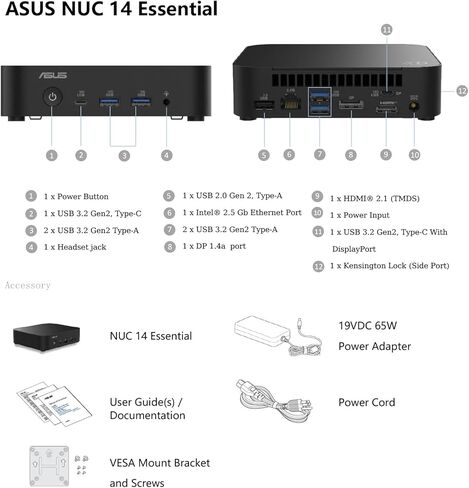 NUC 14 Essential NUC14MNK250 Mini PC - Intel N250 IntelGraphics, DDR5-4800, Wi-Fi 6E, Triple 4K Display, 2.5GbE LAN, 0.56L Compact Desktop for Office & Business(16GB RAM + 512GB SSD) in Saudi Arabia