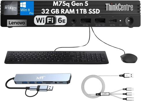 كمبيوتر مكتبي Lenovo ThinkCentre M75q Gen 5 Mini Tiny Business 2026، AMD Ryzen 7 PRO 8700GE (Beats 8650GE)، ذاكرة الوصول العشوائي DDR5 سعة 32 جيجابايت، 1 تيرابايت PCIe SSD، Wi-Fi 6E، إيثرنت، محطة إرساء، لوحة مفاتيح وماوس، Win 11 Pro in Kuwait
