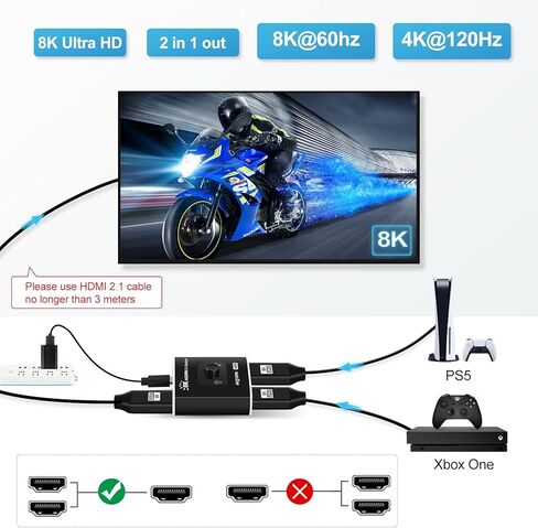 avedio links HDMI 2.1 Switch 2 in 1 Out 8K@60Hz, 4K@120Hz HDMI Switch for PS5/XSX, High Speed 48Gbps 2 Port HDMI Splitter Switch Support 1080P@240Hz for TV, Monitor, Projector in Kuwait