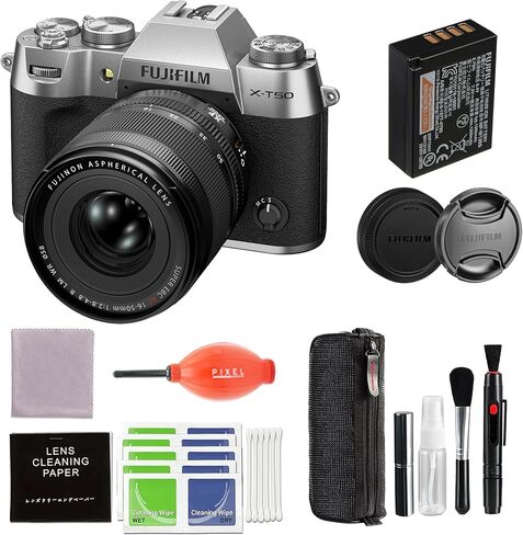 كاميرا فوجي فيلم X-T50 الرقمية بدون مرآة XF16-50mmF2.8-4.8 R LM WR مجموعة عدسات - حزمة فضية مع ملحقات إضافية in Saudi Arabia