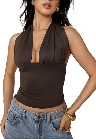 Milumia Women's Tie Backless Halter Top Y2k Going Out Deep V Neck Ruched Crop Tank Top in Saudi Arabia