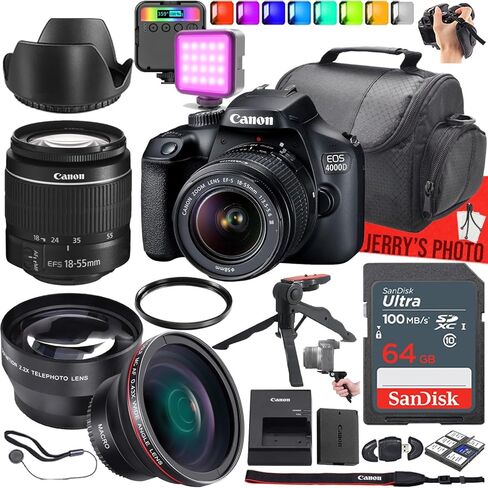 Canon EOS 4000D / Rebel T100 DSLR DSLR Camera with Canon EF-S 18-55mm f/3.5-5.6 III Lens + 64 GB Memory + LED Light + Wide Angle & Telephoto Lens + More (19pc Bundle) (Renewed) in Saudi Arabia