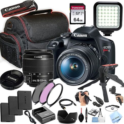 Canon EOS Rebel T7 w/EF-S 18-55mm F/3.5-5.6 عدسة تكبير + ذاكرة 64 جيجابايت، مرشحات، حافظة، حامل مقبض، ضوء LED، بطاريات، والمزيد (حزمة طاقة DSLR) (متجددة) in Saudi Arabia