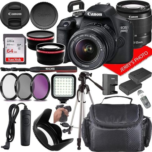 Canon EOS 2000D (Rebel T7) DSLR Camera w/Canon EF-S 18-55mm F/3.5-5.6 DC III Zoom Lens + Extra Battery + Case + 64GB Memory (22pc Bundle) (Renewed) in Saudi Arabia
