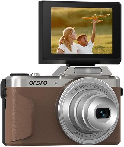 ORDRO Digital Camera, 4K Compact Camera, 6X Optical Zoom, 8MP Sensor, 2.8" 180° Flip Screen, Built-in Flash, WiFi, Suitable for Kids Teens Beginners in Saudi Arabia