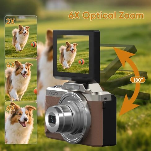 ORDRO Digital Camera, 4K Compact Camera, 6X Optical Zoom, 8MP Sensor, 2.8" 180° Flip Screen, Built-in Flash, WiFi, Suitable for Kids Teens Beginners in Saudi Arabia