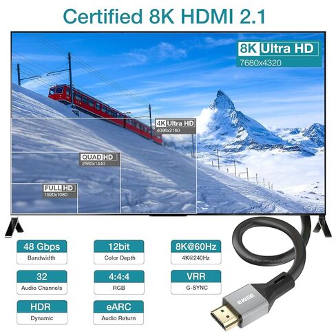 Certified HDMI Cable 2.1, VW-1 8K HDMI Cable, 48Gbps Flexible HDMI 2.1 Cable Supports 8K@60Hz 4K@240Hz 144Hz 120Hz, HDR VRR G-SYNC eARC DLSS FSR HDCP 2.3 for Xbox/PS5/Sonudbar/Apple TV/PCs (6.6ft) in Saudi Arabia